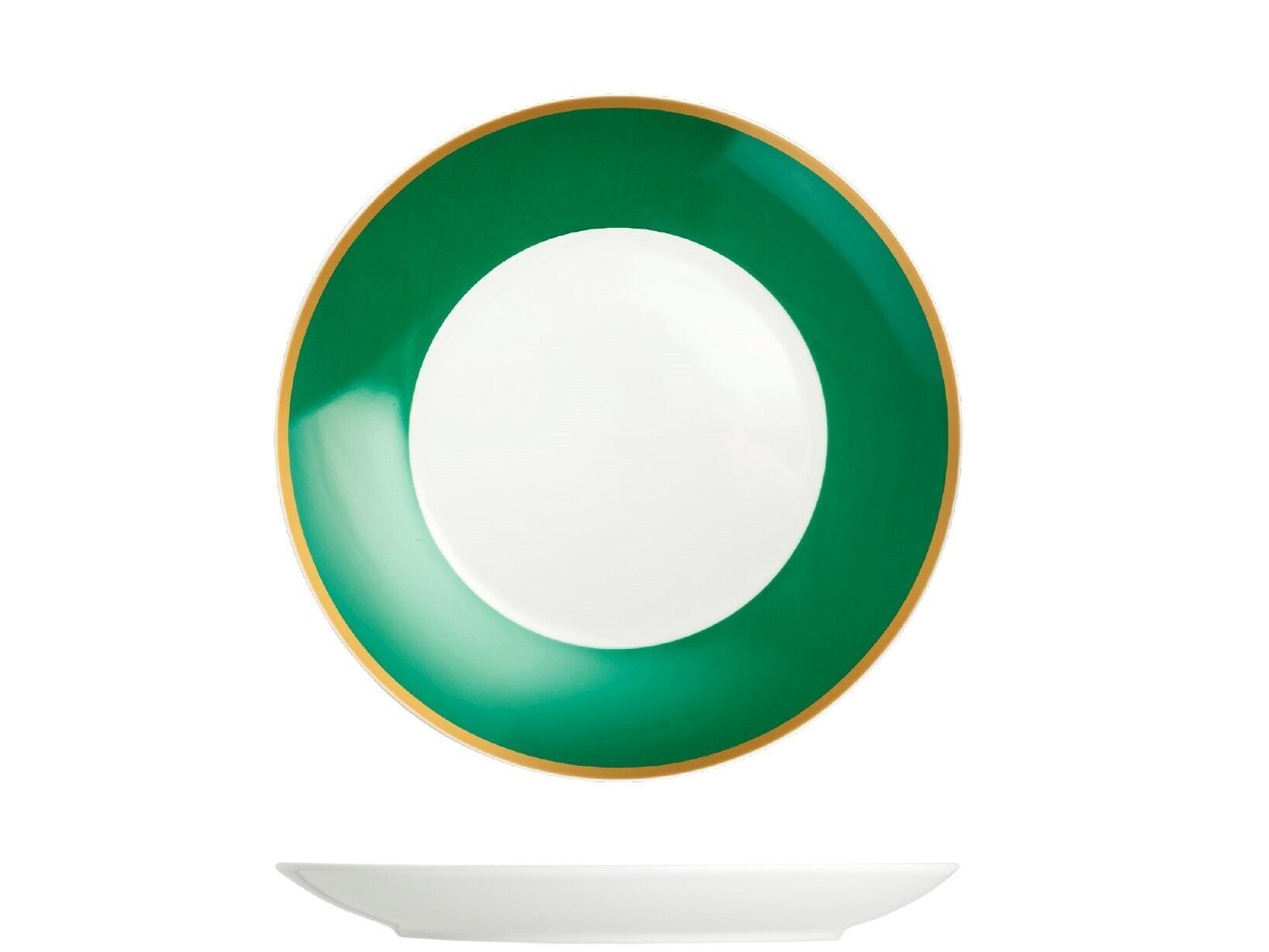 Porcelain Smeraldo fruit plate with emerald green band and golden border 21 cm.