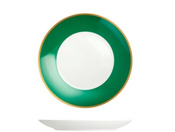 Assiette à fruits Smeraldo en porcelaine avec bande vert émeraude et bordure dorée 21 cm. 1