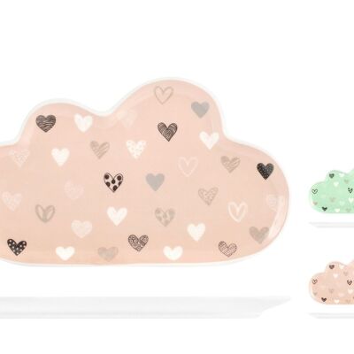 Plato nube you & me de porcelana nueva con adornos y colores surtidos en tonos pastel 19,5x11 cm.