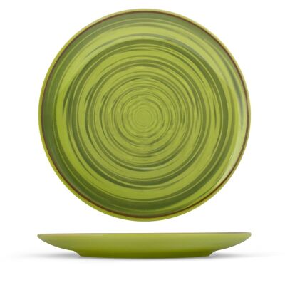 Avocado flat plate in stone ware green color coupe shape 26 cm.