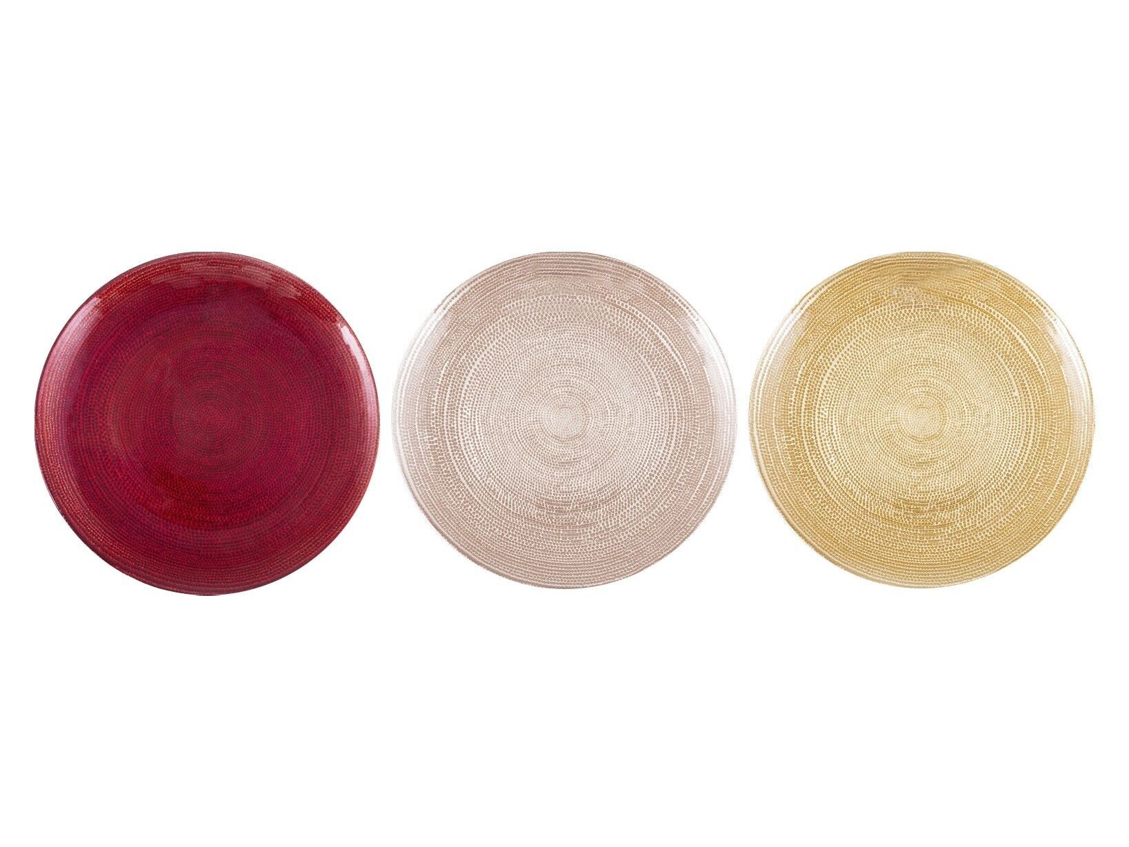 Piatto piano Celebration in vetro colori assortiti rosso ,oro, silver cm 28.Lavaggio in lavastoviglie massimo 40 gradi.