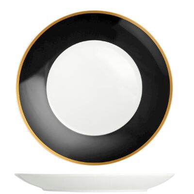 Assiette plate Onyx en porcelaine avec bande noire et bordure dorée cm 27.