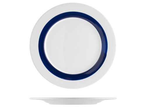 Piatto piano Paros in ceramica bianca con filo blu cm 26,5
