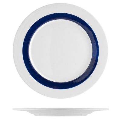 Assiette plate Paros en céramique blanche filet bleu 26,5 cm