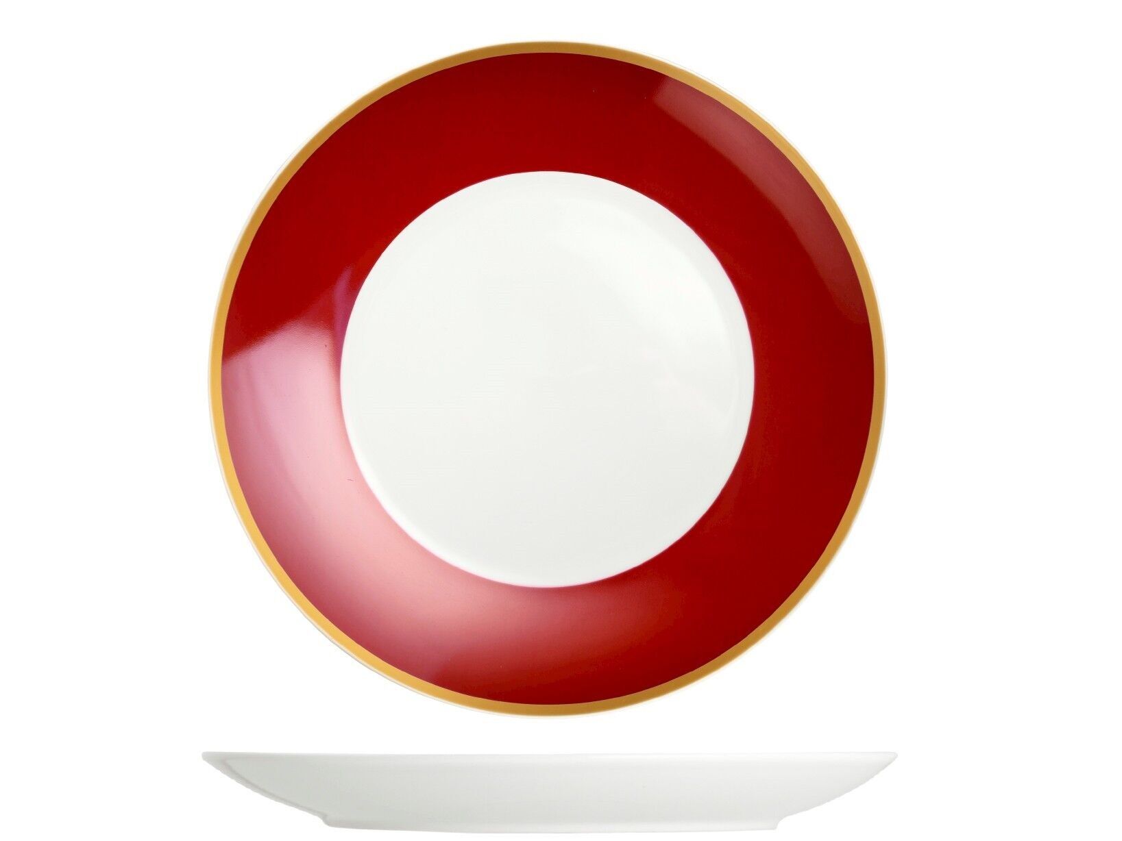 Assiette plate Ruby en porcelaine avec bande de couleur rouge rubis et bordure dorée 27 cm.