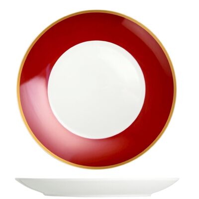 Assiette plate Ruby en porcelaine avec bande de couleur rouge rubis et bordure dorée 27 cm.