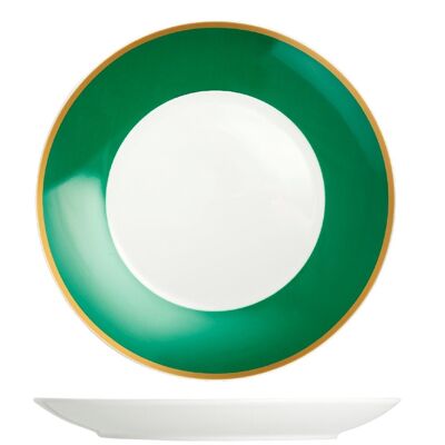 Assiette plate Smeraldo en porcelaine avec bande vert émeraude et bordure dorée 27 cm.