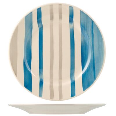 Assiette plate en grès décor rayures bleues de 27 cm