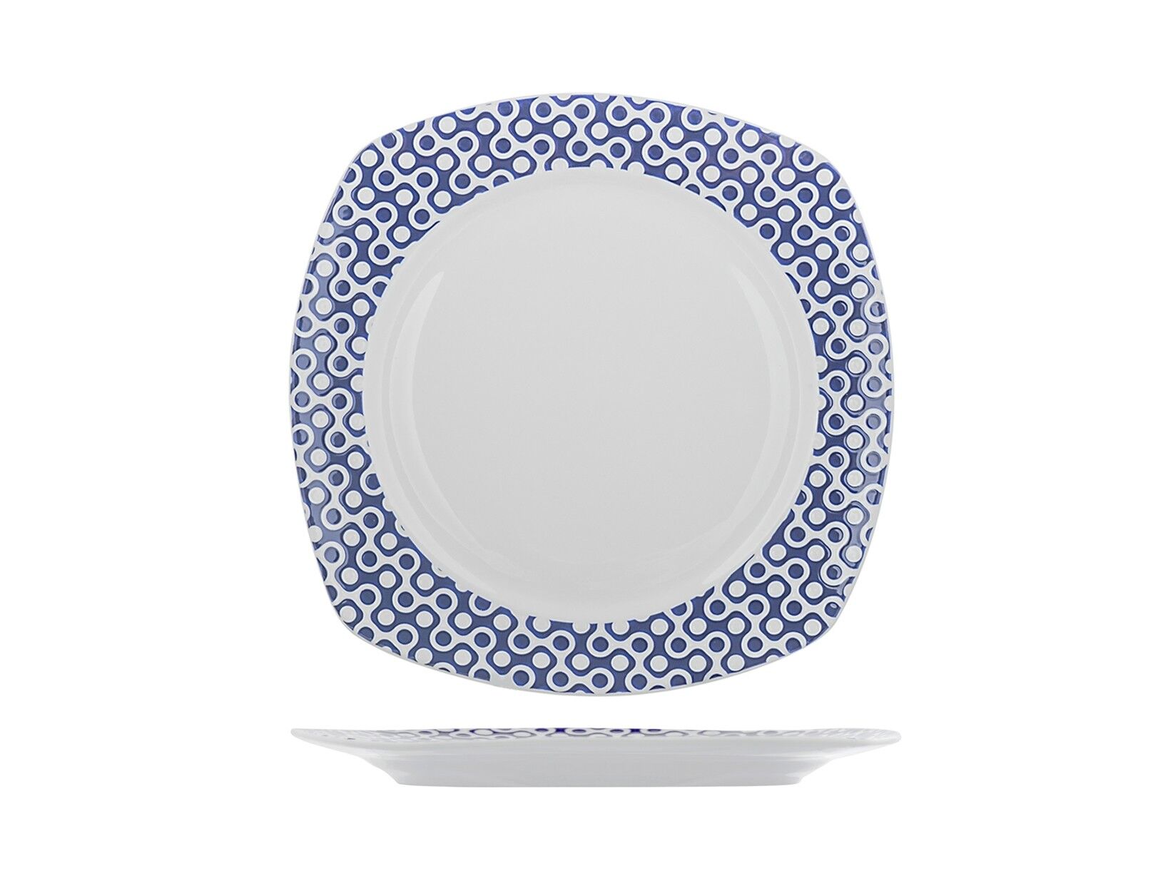 Quadratischer Fuji-Obstteller aus New Bone China mit blauer Dekoration 19 cm