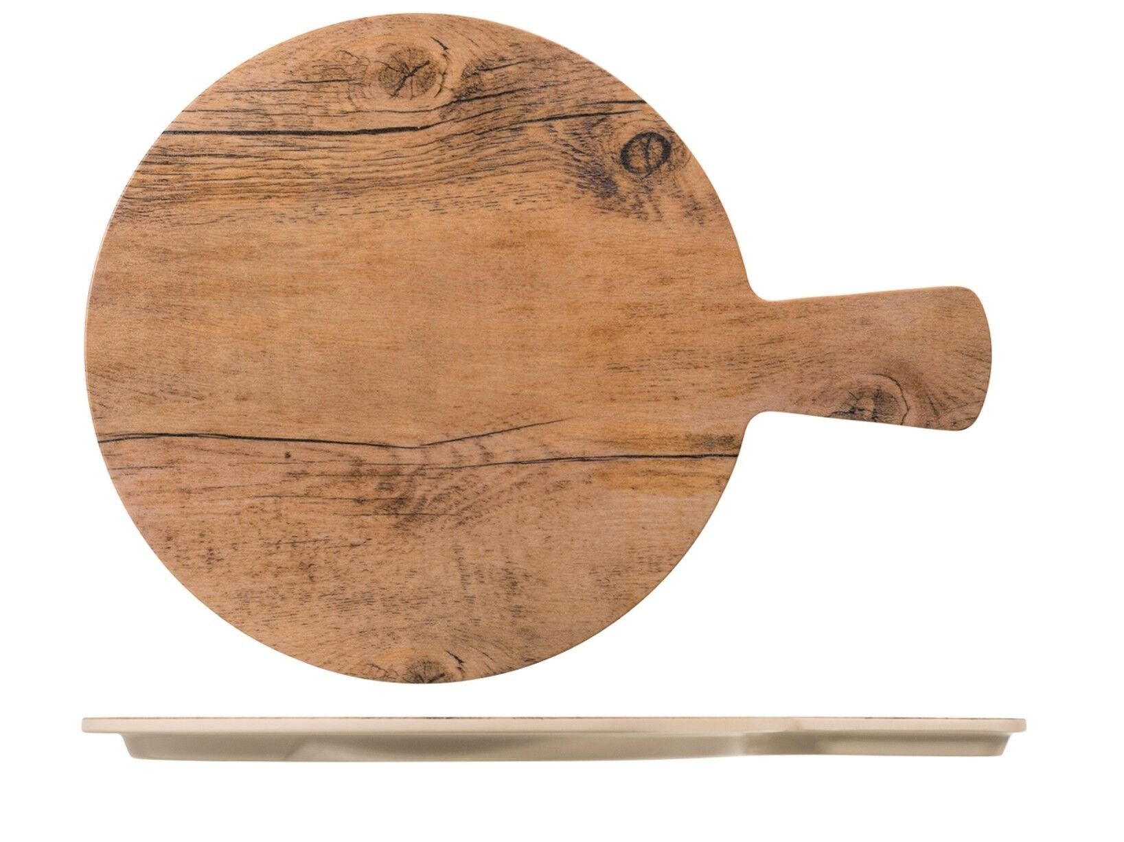 Piatto tondo effetto legno in melamina con manico cm 28