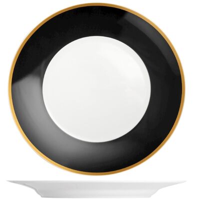 Assiette ronde Onyx en porcelaine avec bande noire et bordure dorée 32 cm.
