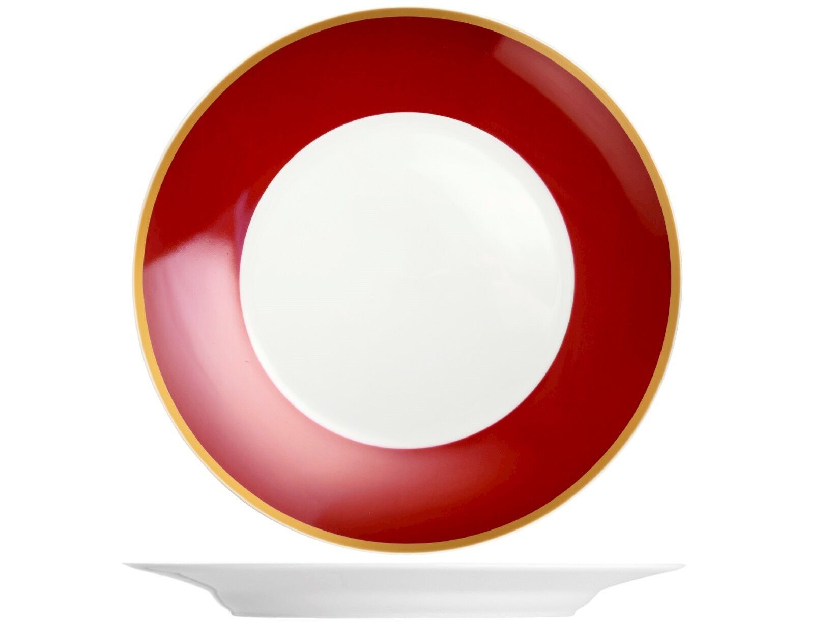 Plato redondo rubí en porcelana 32 cm con banda rojo rubí y borde dorado
