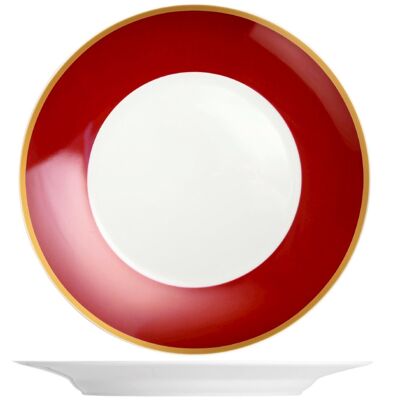 Rubinroter runder Teller aus Porzellan 32 cm mit rubinrotem Band und goldener Umrandung