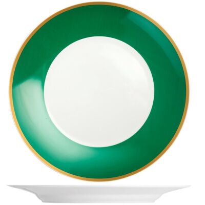 Assiette ronde Smeraldo en porcelaine avec bande vert émeraude et bordure dorée 32 cm.