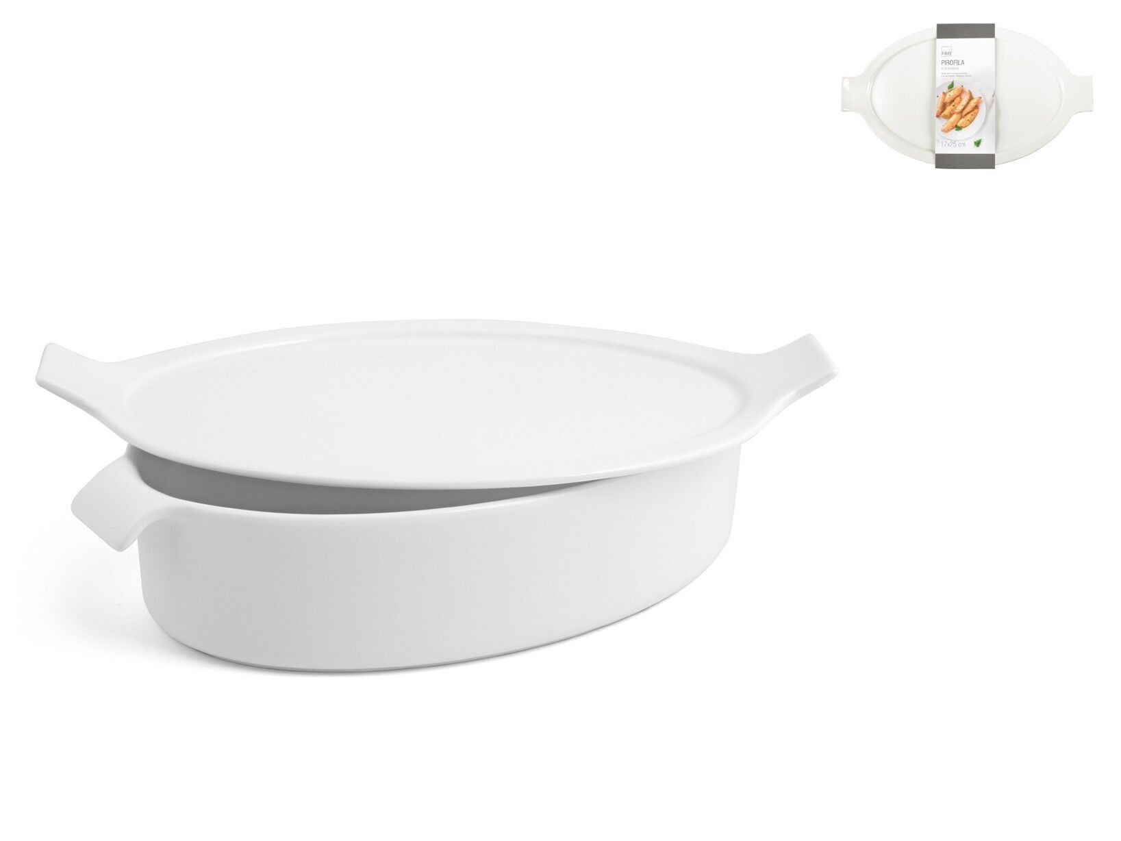Fuente de horno ovalada de porcelana con tapa blanca cm 17x25x6 h
