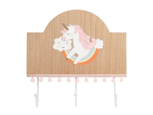 Porta abiti 3 posti Unicorno in legno decorato con ganci in metallo bianco cm 27x26