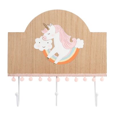 Unicorn 3-seater clothes rack in wood decorated with white metal hooks 27x26 cm
