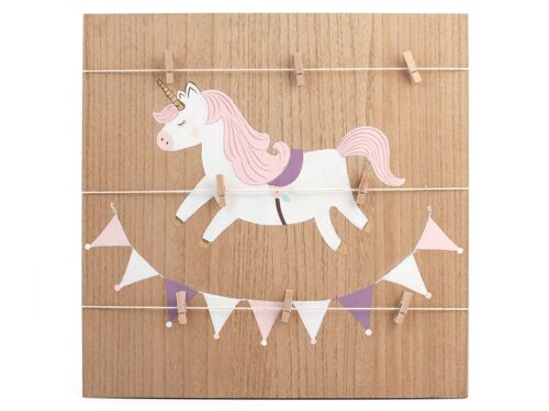 Porta memo Unicorno in legno decorato con 3 corde e 8 mollette porta memo/foto cm 42x42