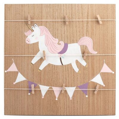 Portanotas unicornio en madera decorado con 3 cuerdas y 8 pinzas para ropa para notas / foto cm 42x42