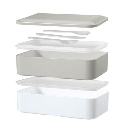 Bento-Lunchbox aus farbigem Polypropylen. Die Lunchbox besteht aus 2 Fächern, einem Besteckset und einem Gummiband für einen praktischen Transport. Geeignet für die Verwendung in der Mikrowelle für bis zu 3 Minuten ohne Deckel. Fassungsvermögen 1,2 lt.
