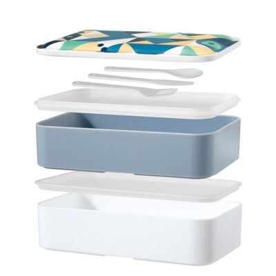 Bento-Lunchbox aus dekoriertem Polypropylen. Die Lunchbox besteht aus 2 Fächern, einem Besteckset und einem Gummiband für einen praktischen Transport. Geeignet für die Verwendung in der Mikrowelle für bis zu 3 Minuten ohne Deckel. Fassungsvermögen 1,2 lt.