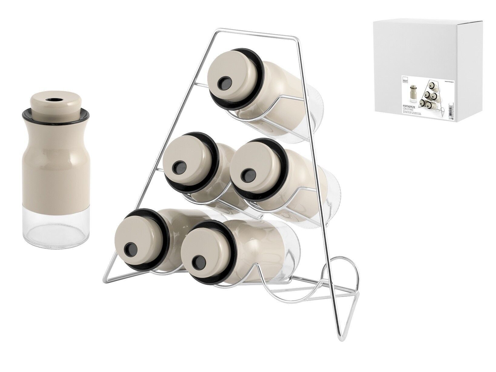 Porta spezie con 6 barattoli in vetro con stand in acciaio inox. Composto da 6 barattoli diametro 5,5 cm altezza 12 cm peso 0,180. Tappo dosatore con fori piccoli e grandi.