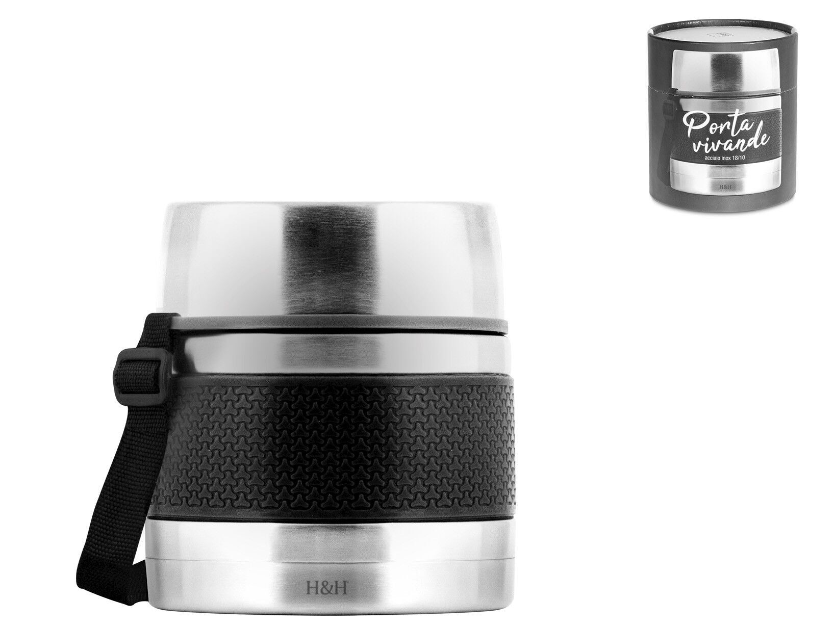 Porta vivande in acciaio inox 18/10 con tracolla colore grigio acciaio Lt 0,75. Contiene 1 contenitore estraibile in plastica Lt 0,25 cm 10,5x5 h