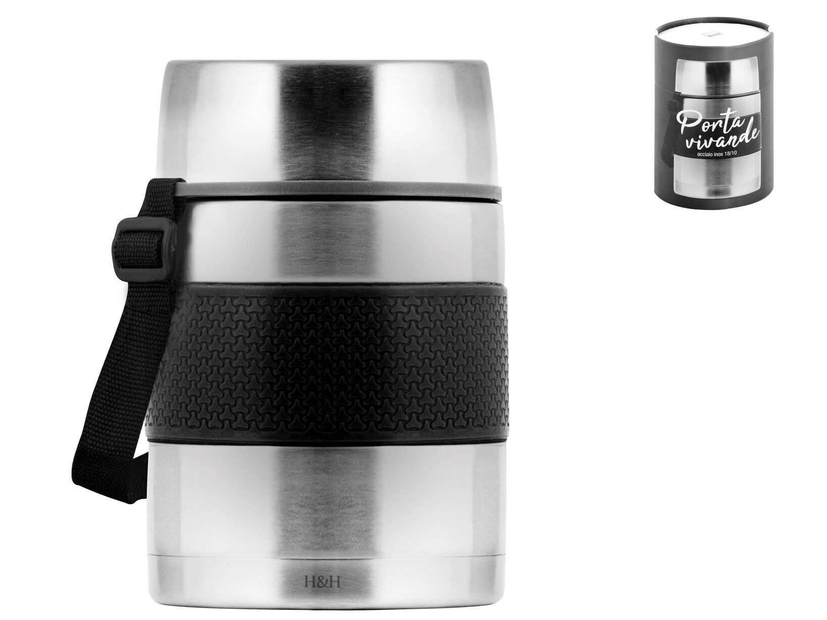 Porta vivande in acciaio inox 18/10 con tracolla colore grigio acciaio Lt 1,2. Contiene 1 contenitore estraibile in plastica Lt 0,25 cm 10,5x5 h