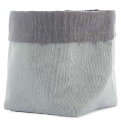 Light gray polyester and cotton bag with dark gray border 14x16 cm