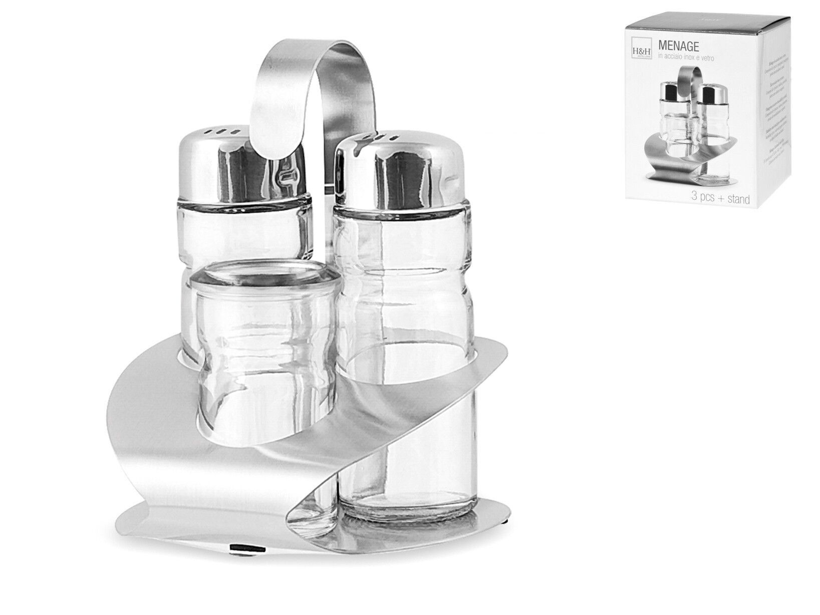 Sale/pepe/stecchini in vetro con stand e tappi in acciaio inox. Composto da: 2 salini cm 3x9 h; 1 porta stecchini cm 3,5x6,2 h; 1 stand cm 9x8,5x11 h