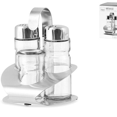 Salt / pepper / glass toothpicks with stainless steel stand and caps. Consisting of: 2 salt panes 3x9 cm h; 1 toothpick holder cm 3,5x6,2 h; 1 stand cm 9x8,5x11 h