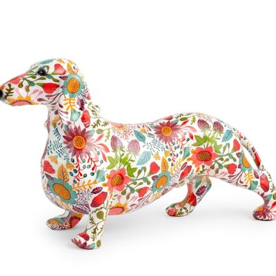 Dachshund-shaped piggy bank in decorated polyresin cm 38x22xh12