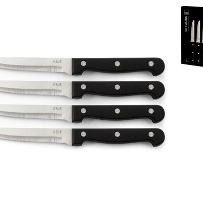 Superior 4 knife box with stainless steel blade serrated tip and riveted polypropylene handle. Basic knife measures 2 cm, height 1.5 cm, depth 21.5 cm. Weight 0.045 gr.