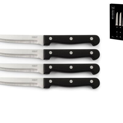 Caja superior de 4 cuchillos con hoja de acero inoxidable punta dentada y mango de polipropileno remachado. El cuchillo básico mide 2 cm, alto 1,5 cm, profundidad 21,5 cm. Peso 0,045 gr.