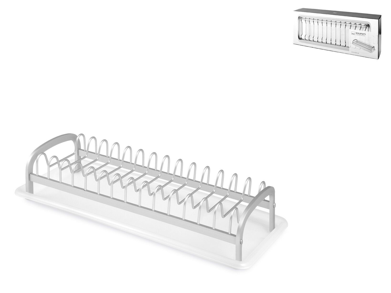 Geschirrabtropfgestell für 14 Personen aus eloxiertem Aluminium mit rutschfesten Füßen und weißer Kunststoffschale. Bestehend aus: Abtropfplatte cm 38,5x14,5x9 h; Tablett cm 42,5x18x2 h