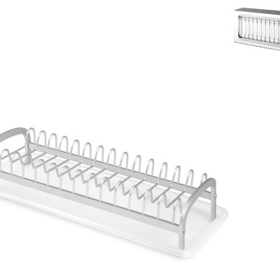 Escurreplatos de 14 plazas de aluminio anodizado con patas antideslizantes y bandeja de plástico blanca. Compuesto por: plato escurridor cm 38,5x14,5x9 h; bandeja cm 42,5x18x2 h