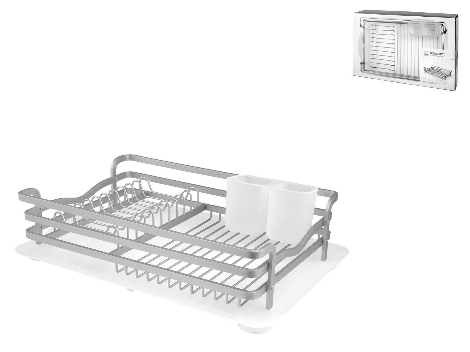 ScolaPiatti in alluminio anodizzato con portaposate e vassoio antigoccia in plastica bianchi. Composto da: scolaPiatti cm 46x32,5x12 h; portaposate cm 16x8,5x9,5 h; vassoio cm 52x35x2 h