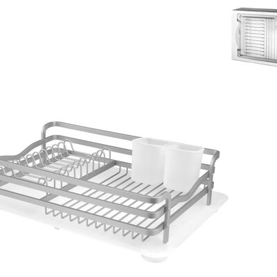 Plate drainer in anodized aluminum with white plastic cutlery tray and drip tray. Consisting of: plate drainer cm 46x32.5x12 h; cutlery tray 16x8.5x9.5 h; tray cm 52x35x2 h