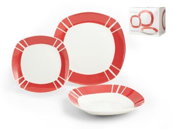 Service de Table 18 Pièces Porcelaine Cadre Rouge Composé de : 6 Assiettes Plates : 25x2x25 cm pe o : 0,690 gr 6 Assiettes Creuses : 21,5x3,5x21,5 cm pe o : 0,440 gr 6 Assiettes Fruits : 18,5x2x18,5 cm poids : 0,355 g 4