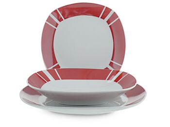 Service de Table 18 Pièces Porcelaine Cadre Rouge Composé de : 6 Assiettes Plates : 25x2x25 cm pe o : 0,690 gr 6 Assiettes Creuses : 21,5x3,5x21,5 cm pe o : 0,440 gr 6 Assiettes Fruits : 18,5x2x18,5 cm poids : 0,355 g 6