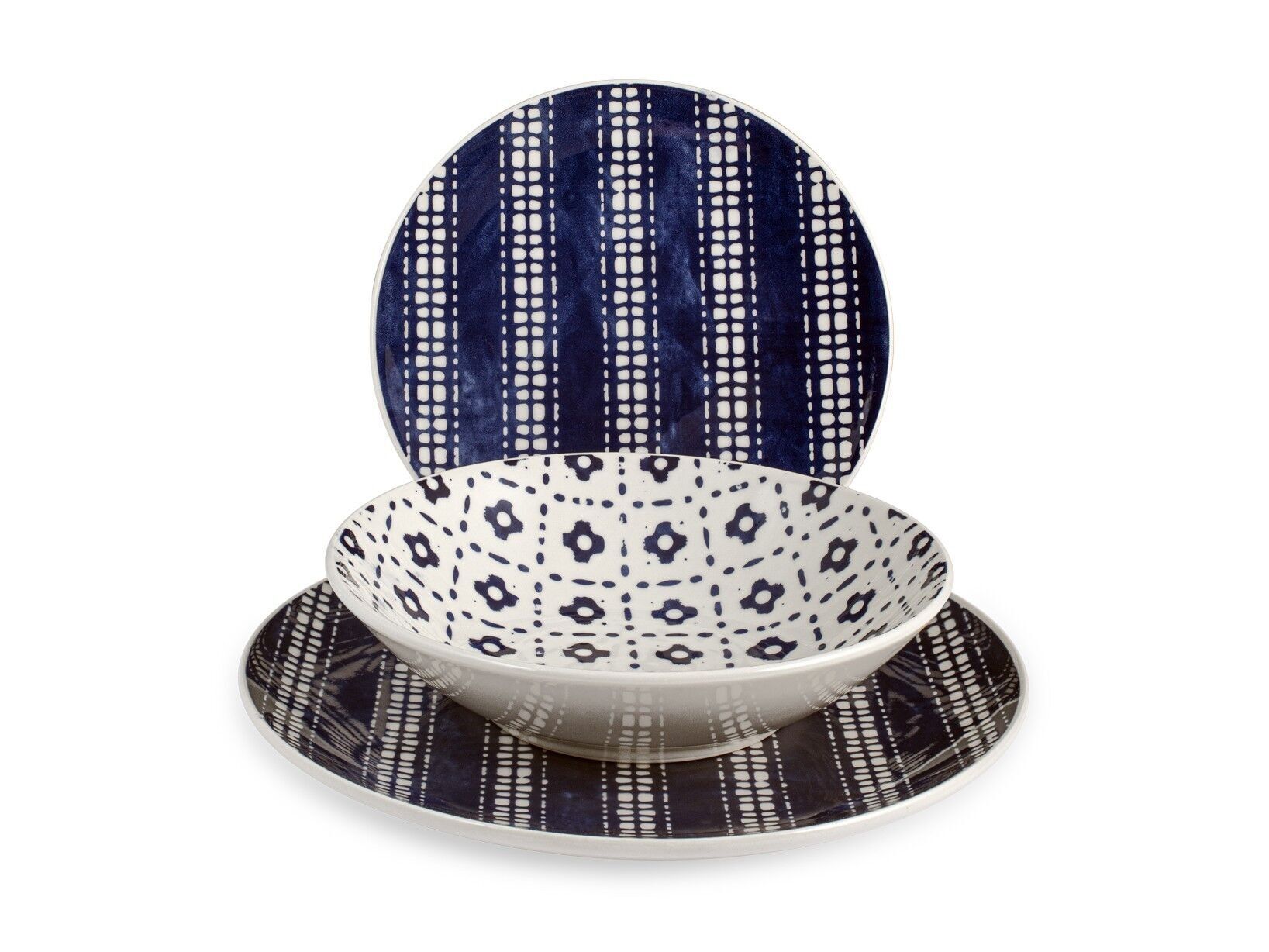 Servizio 18 pezzi Bogotá in stoneware decorato. Composto da 6 Piatti piani cm 26, 6 Piatti fondi cm 20,5, 6 Piatti frutta cm 20