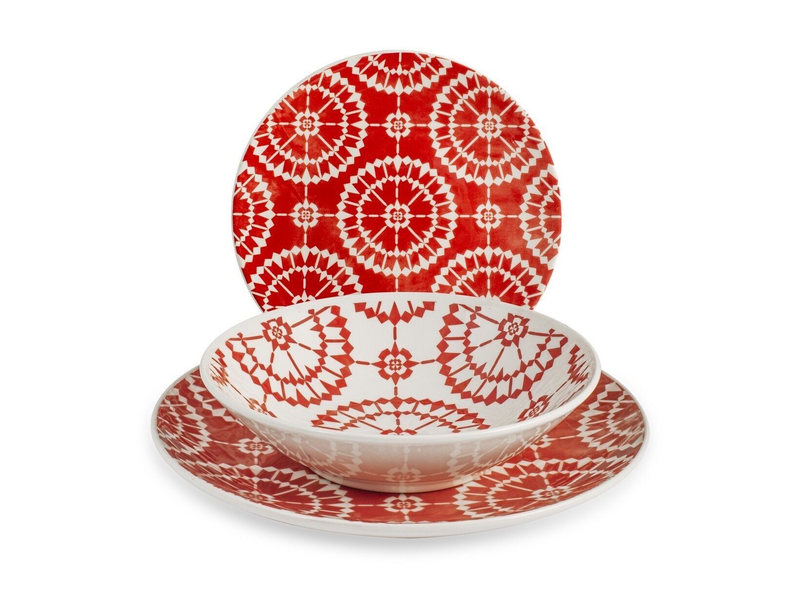 Servizio 18 pezzi Salvador in stoneware decorato. Composto da 6 Piatti piani cm 26, 6 Piatti fondi cm 20,5, 6 Piatti frutta cm 20.