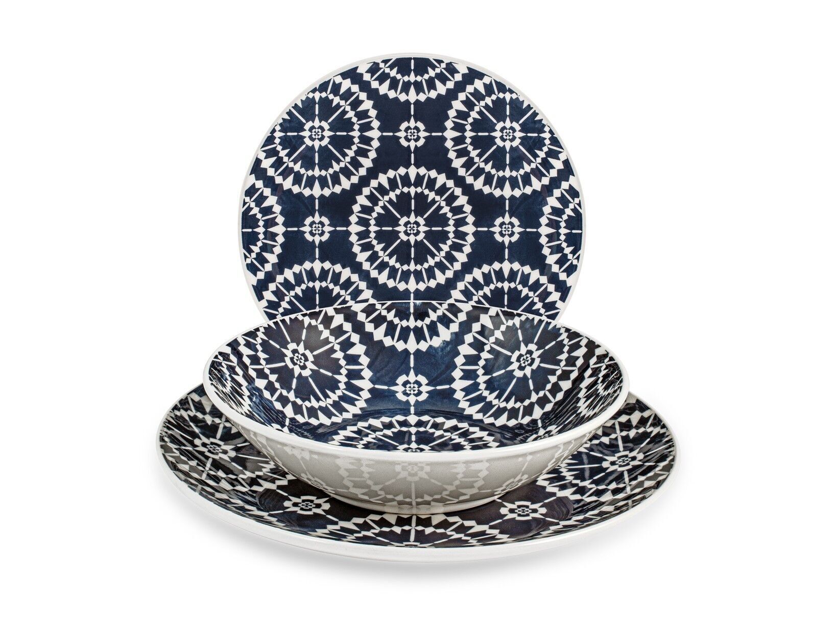 Servizio 18 pezzi Santiago in stoneware decorato. Composto da 6 Piatti piani cm 26, 6 Piatti fondi cm 20,5, 6 Piatti frutta cm 20