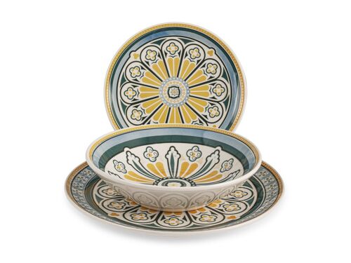 Servizio 18 pezzi Siviglia in stoneware decorato. Composto da 6 Piatti piani cm 26, 6 Piatti fondi cm 20,5, 6 Piatti frutta cm 20