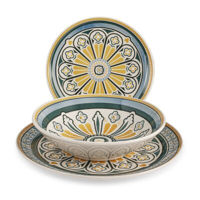 18-piece Sevilla set in decorated stoneware. Consisting of 6 flat plates 26 cm, 6 soup plates 20.5 cm, 6 fruit plates 20 cm