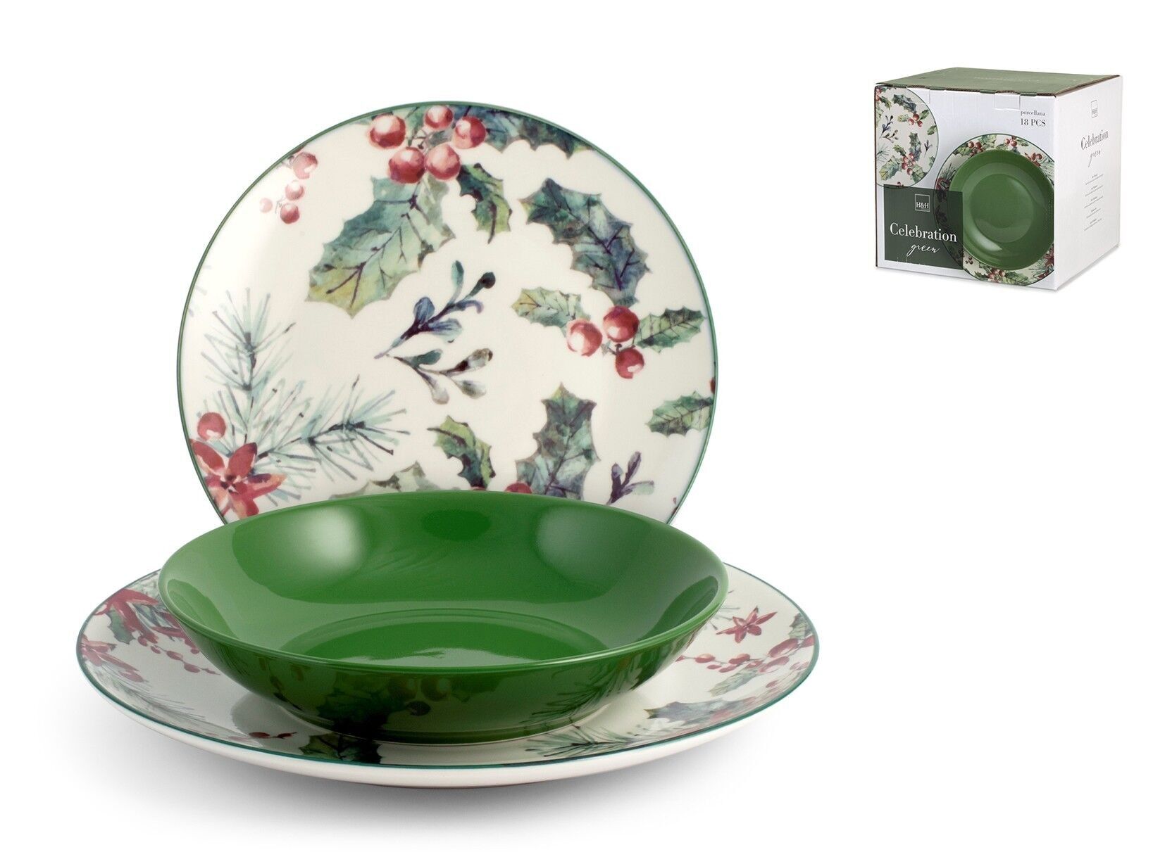 Servicio de mesa Celbration verde de 18 piezas decorado en porcelana. Compuesto por 6 platos llanos de 26,5 cm, 6 platos hondos de 20 cm, 6 platos de fruta de 18,5 cm.