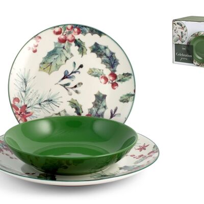 18-piece Celbration green table service decorated in porcelain. Consisting of 6 flat plates 26.5 cm, 6 soup plates 20 cm, 6 fruit plates 18.5 cm.