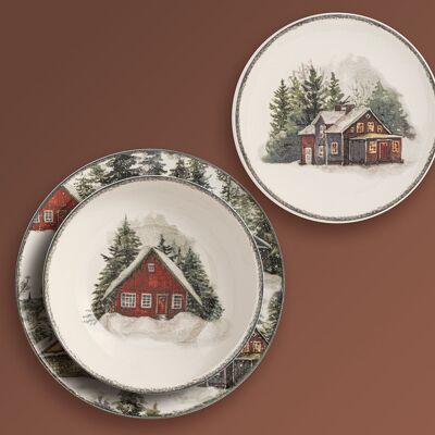 Set de table Christmas Cottage de 18 pièces en grès décoré. Composé de 6 assiettes plates 26 cm, 6 assiettes creuses 20,5 cm, 6 assiettes fruits 19,5 cm.