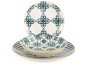 Service de table Emeraude 18 pièces en porcelaine, forme coupe décorée. Composé de 6 assiettes plates 27 cm, 6 assiettes creuses 20 cm, 6 assiettes fruits 19 cm. 8