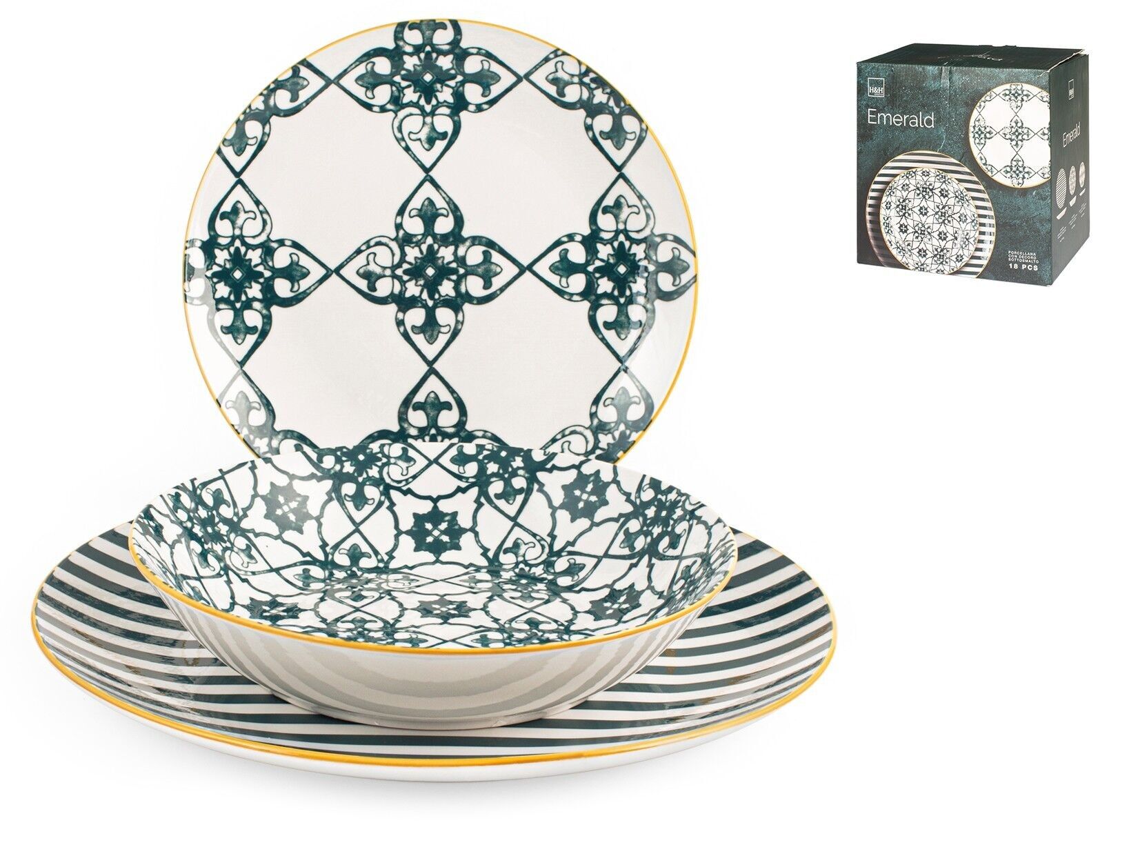 Vajilla Emerald de 18 piezas en porcelana, decorada en forma de cupé. Compuesto por 6 platos llanos de 27 cm, 6 platos hondos de 20 cm, 6 platos de fruta de 19 cm.